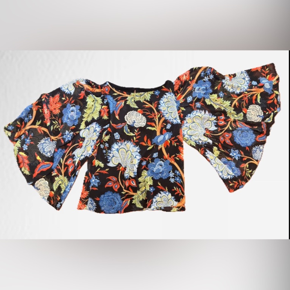 Alice + Olivia Black Floral Sheer Puff-Sleeve Blouse